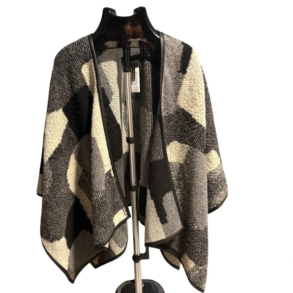 BCBG Maxazria Wool Blend Shawl Wrap Vegan Leather Trim Black White Grey One Size